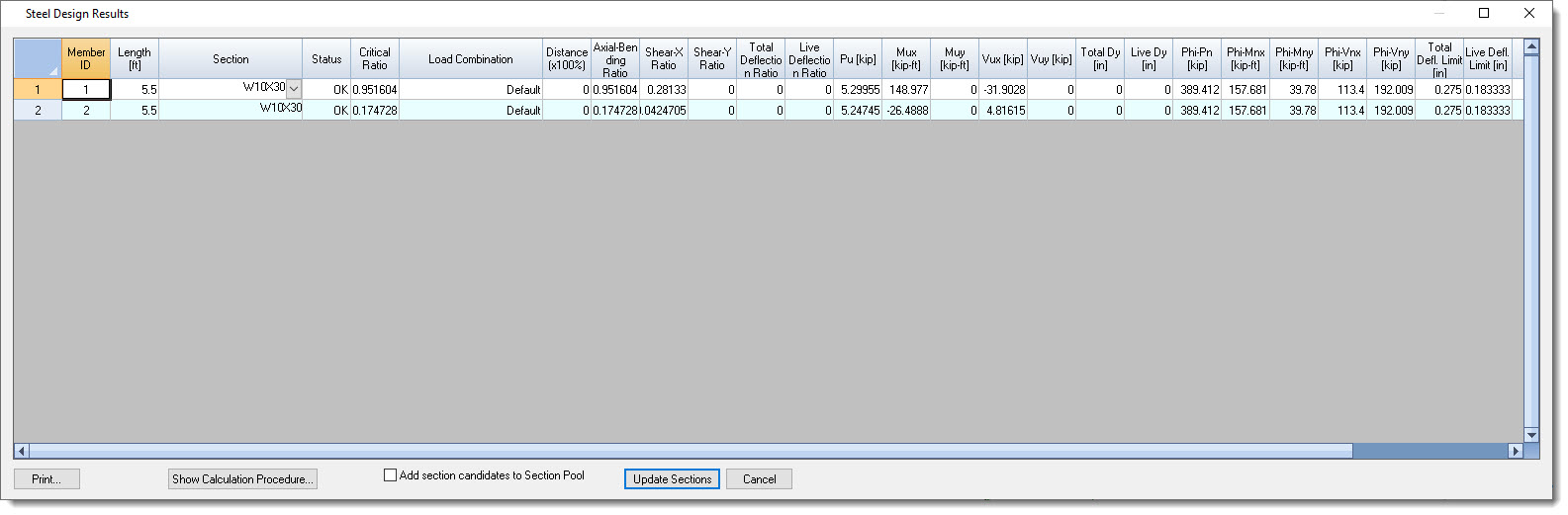 Steel design result table