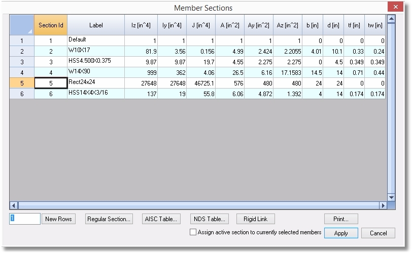 Sections table