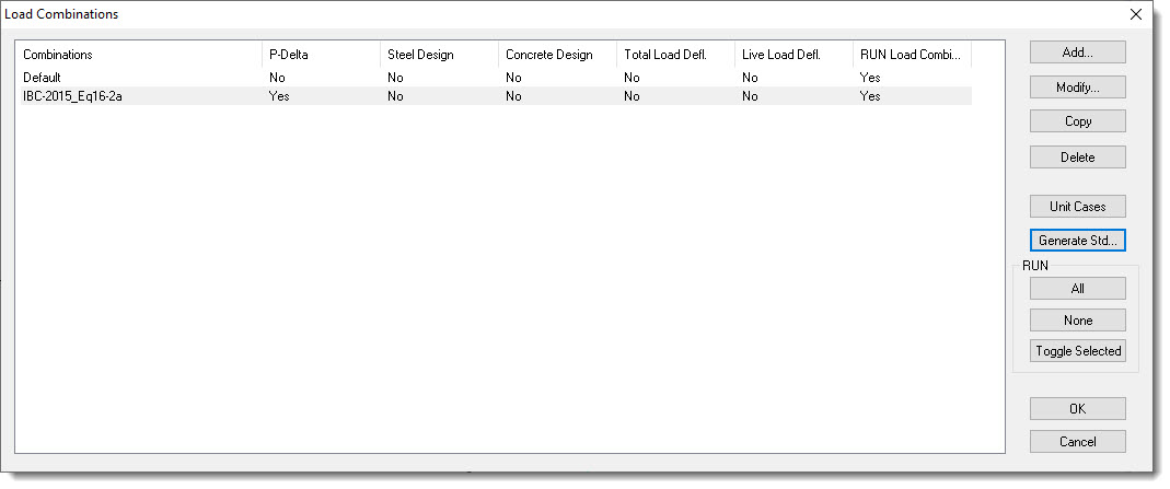 Load combinations dialog