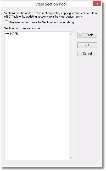 Steel section pool dialog