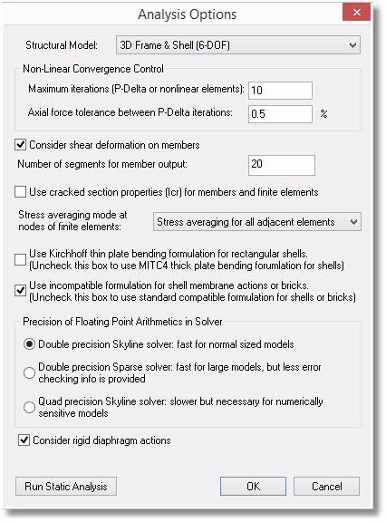 Analysis options dialog