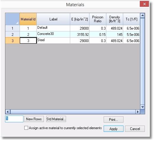 Materials dialog