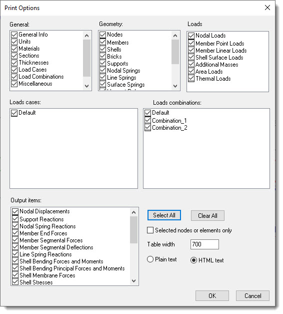 Print options dialog