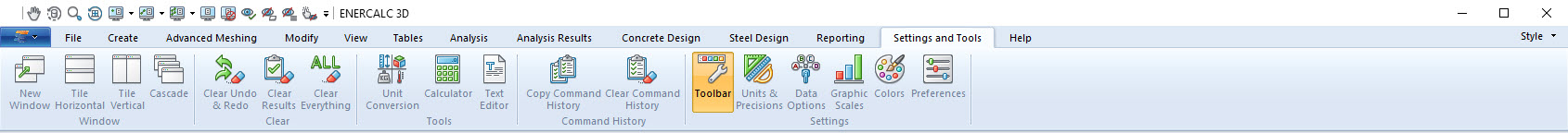 Settings and Tools Ribbon