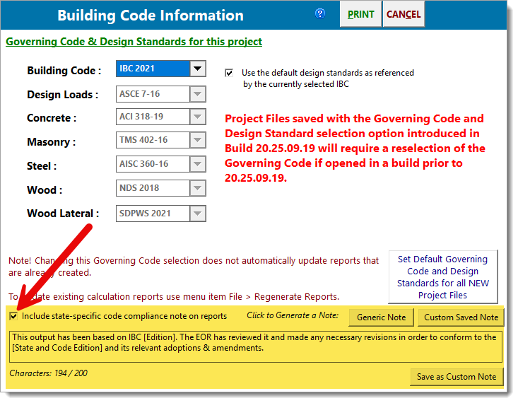 Building Code Information - State-Specific Code Compliance Note