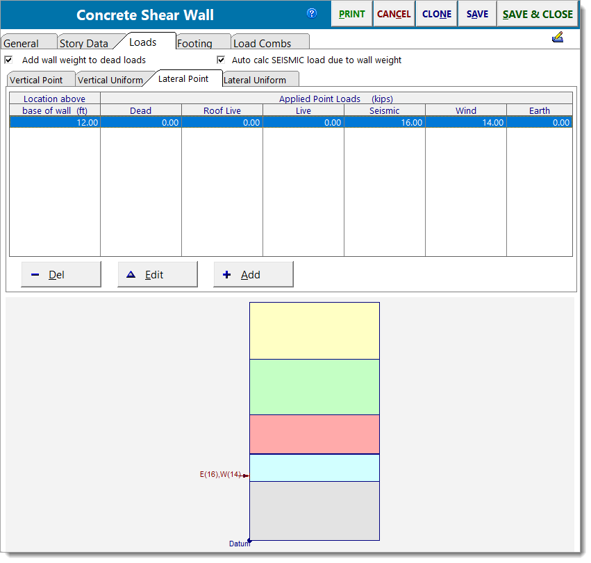 Concrete Shear Wall - Loads - Lateral Point