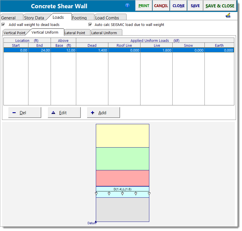 Concrete Shear Wall - Loads - Vertical Uniform