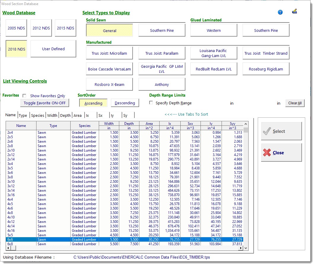 Main Menu > Databases > Wood Section Database