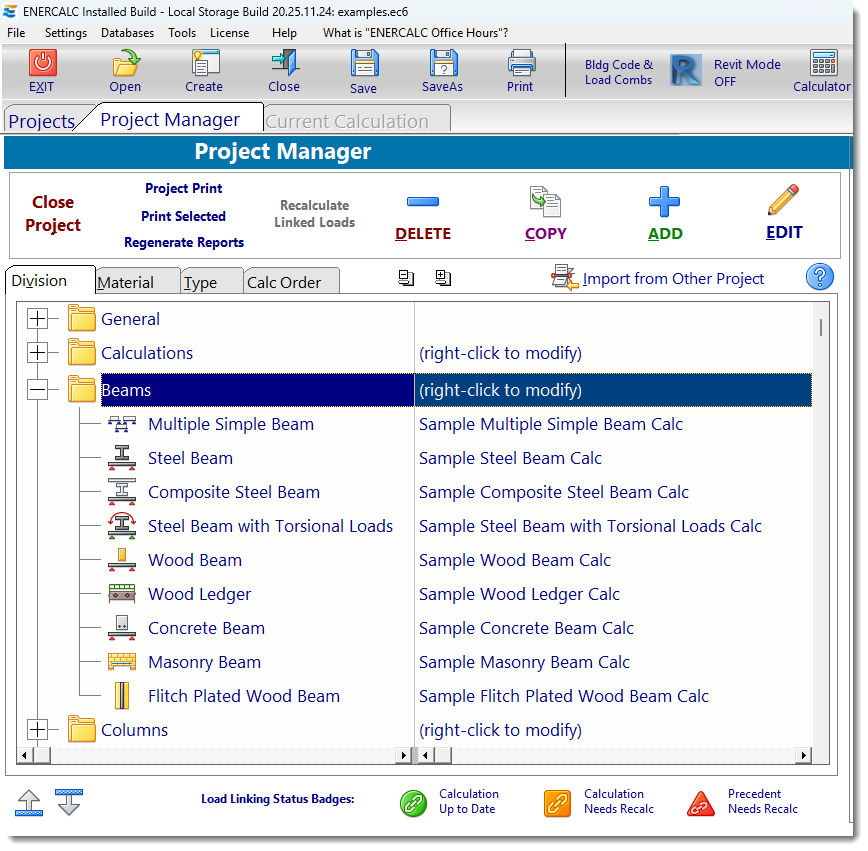 Project Manager - Calculations List