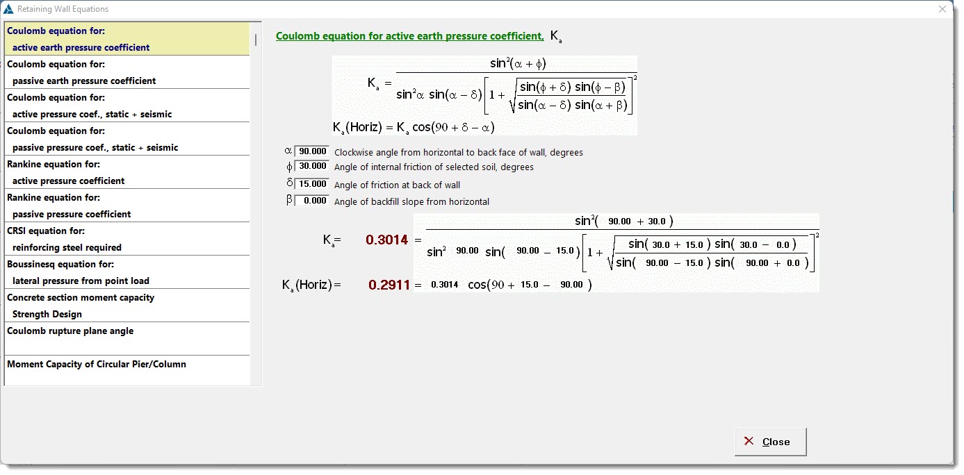 Retaining Wall Equations Editor