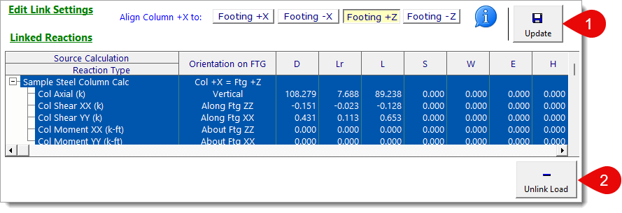 Linked Loads - Linked Reactions for General Footings
