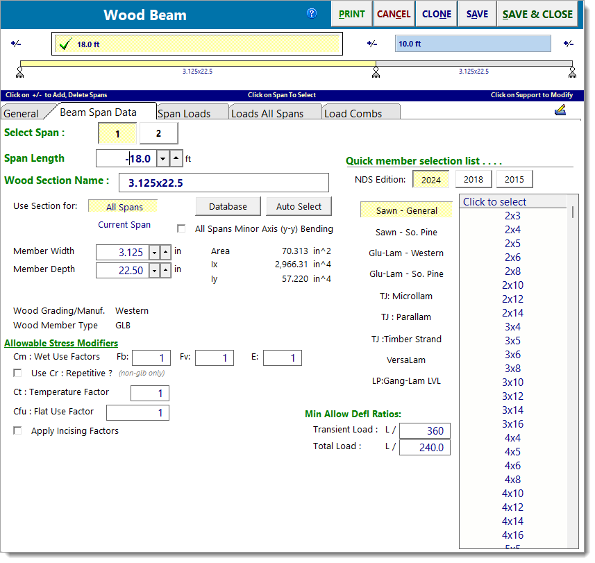 Wood Beam - Beam Span Data