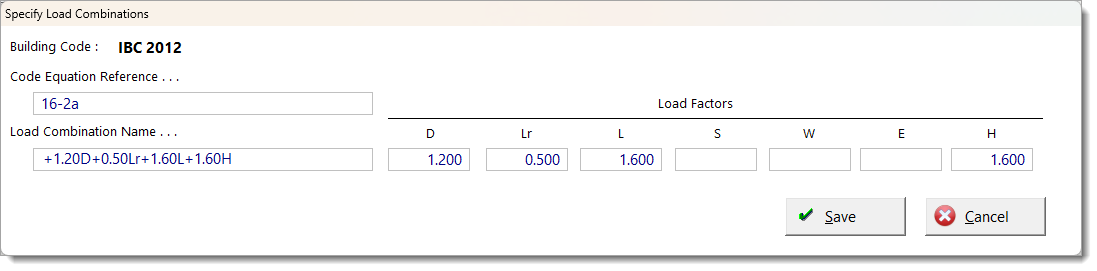 Load Combination Database - Edit Combination
