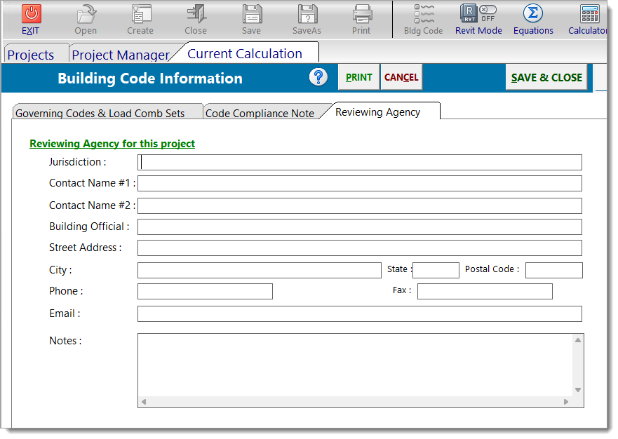 Building Code Information - Reviewing Agency Tab