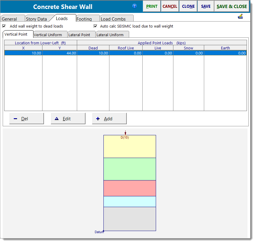Concrete Shear Wall - Loads - Vertical Point