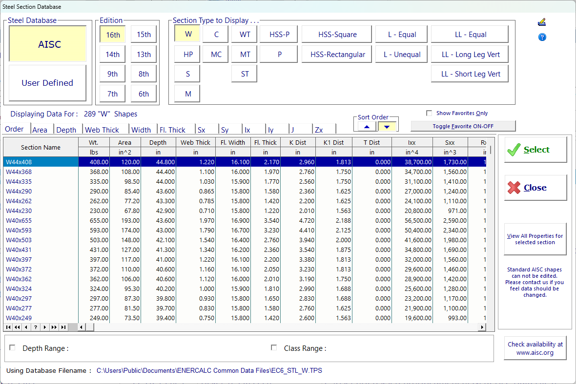 Steel Section Database