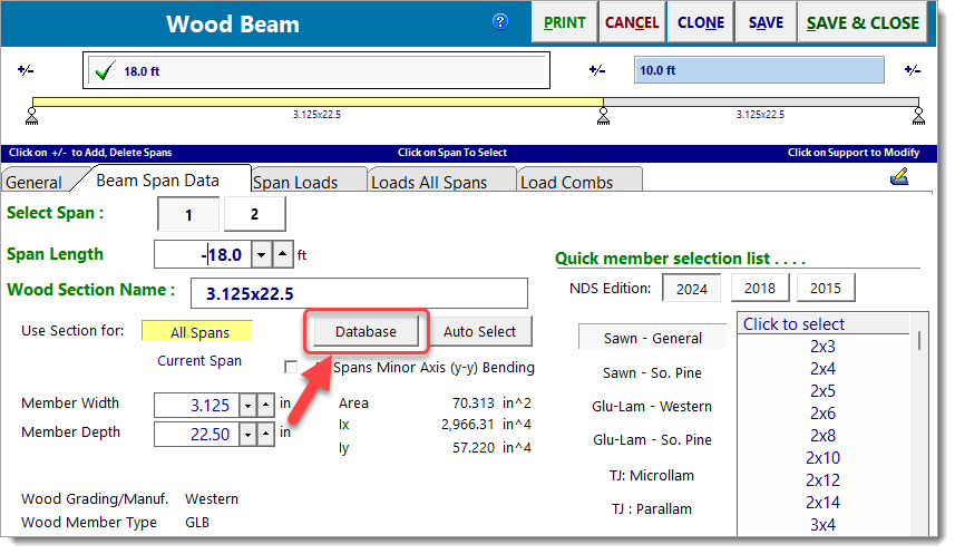 Wood Beam - Beam Span Data - Database