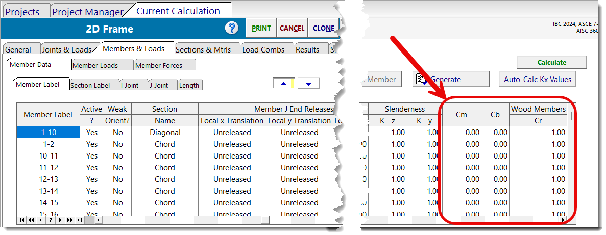 2D Frame - Member & Loads - Member Data - Cm, Cb, Cr