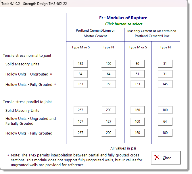 Masonry Slender Wall - fr Selection Table