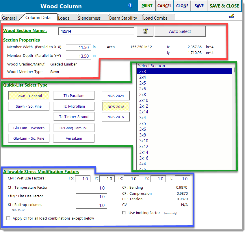 Wood Column - Column Data