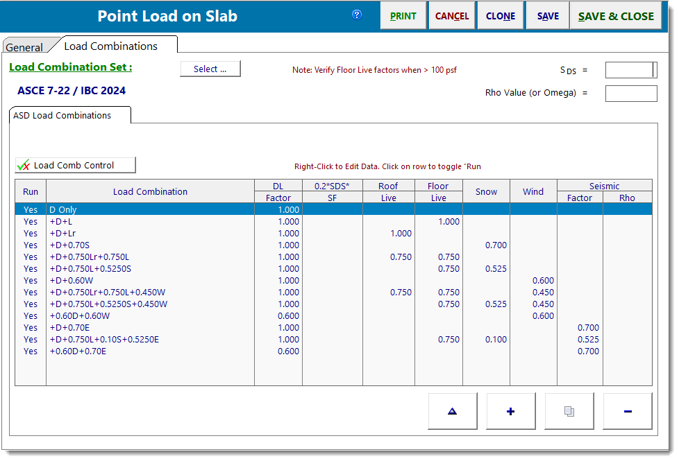 Point Load on Slab - LoadCombos