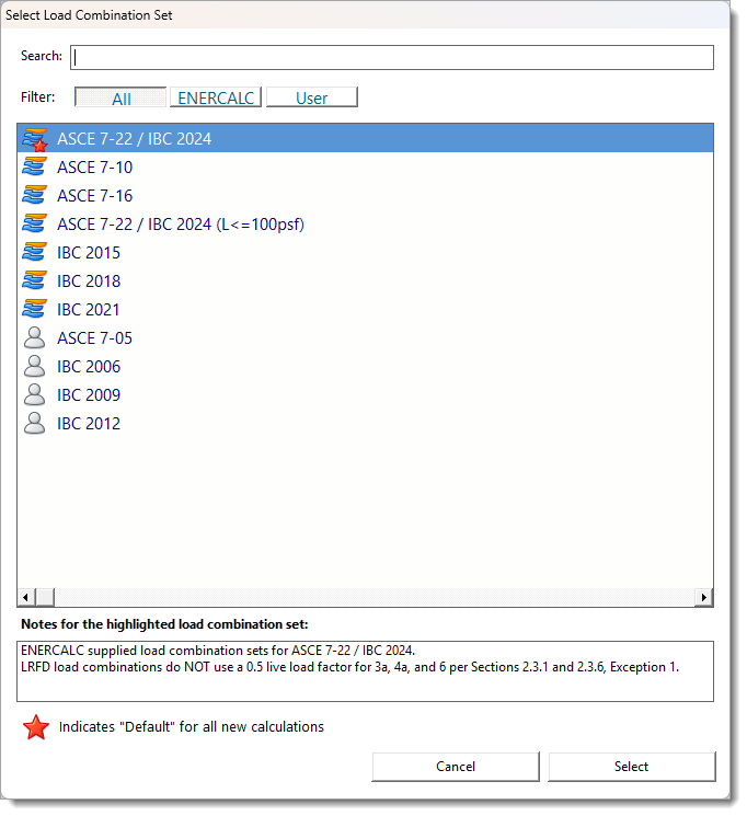 Load Combination Database - Select Load Comb Set