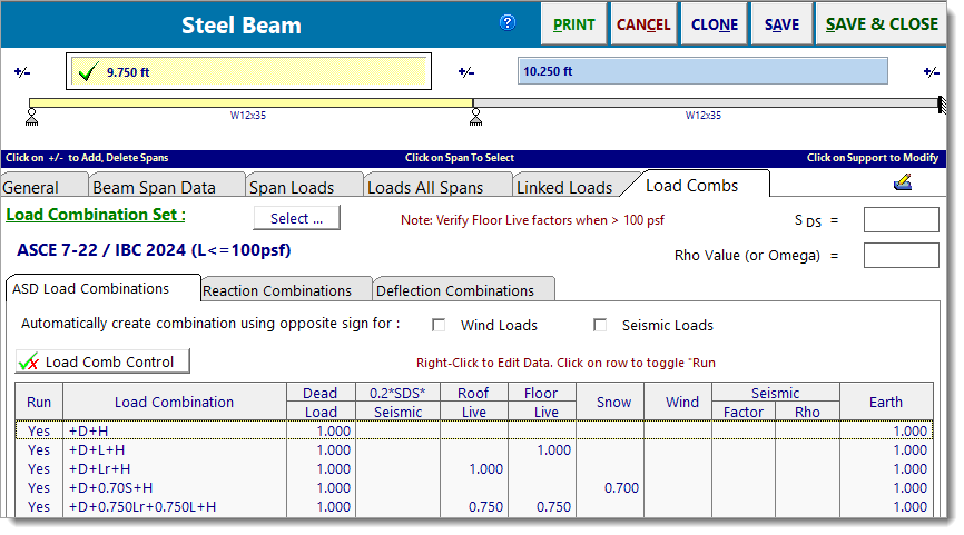 Load Combination Database - Example