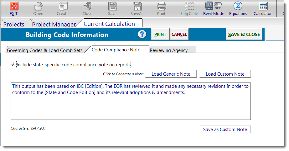 Building Code Information - Compliance Note Tab