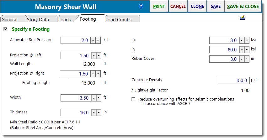Masonryt Shear Wall - Footing