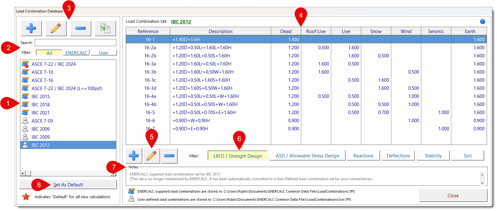Load Combination Database - Keynotes