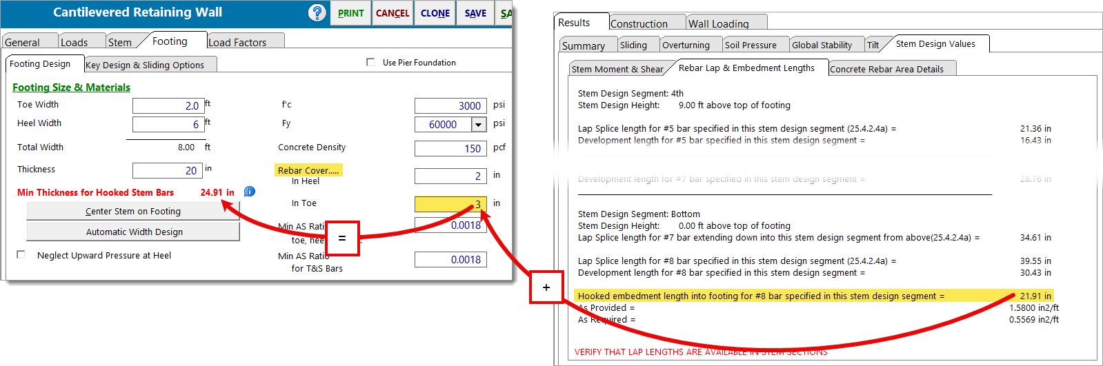 CRW - Footing Design Sub-tab - Min Thickness for Hooked Stem Bars